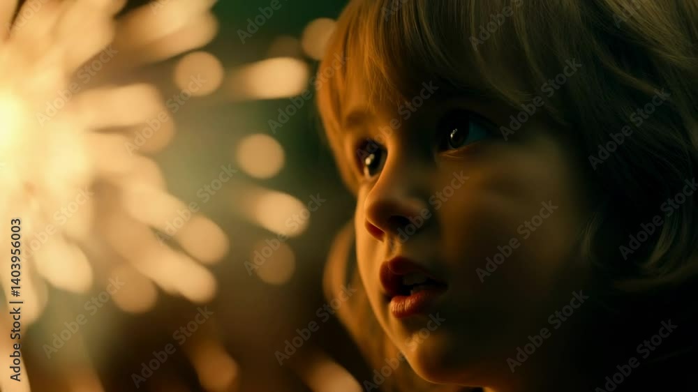 Enchanted child's awe amidst vibrant fireworks display at night celebration Enchanted child's awe amidst vibrant fireworks display at night celebration