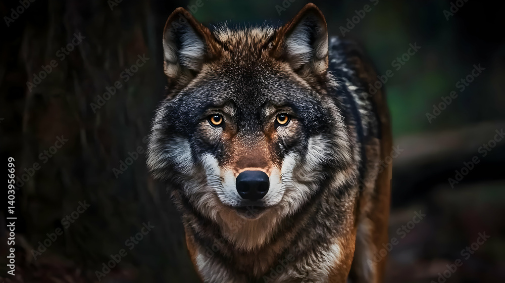 Focused Wolf Portrait In Dark Forest Focused Wolf Portrait In Dark Forest