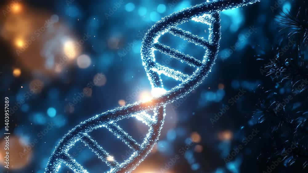 Vibrant Blue DNA Helix with Glowing Particles in Dark Background Vibrant Blue DNA Helix with Glowing Particles in Dark Background