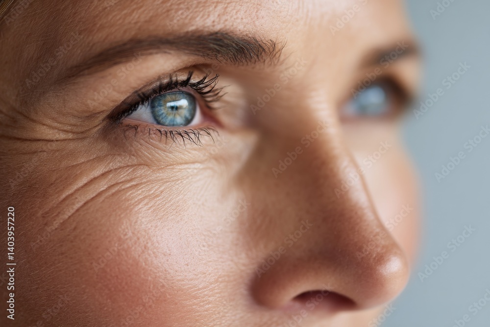 Fototapeta premium A middle-aged woman from the 1950s, isolated on a white background, is shown looking at the camera to advertise anti-aging skincare and dry skin care treatments, as well as beauty procedures