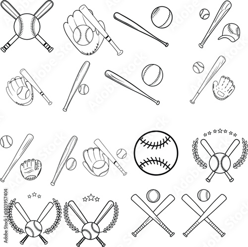 Baseball Icon Set Vector – Bats, Balls, Gloves & Emblems Outline Collection