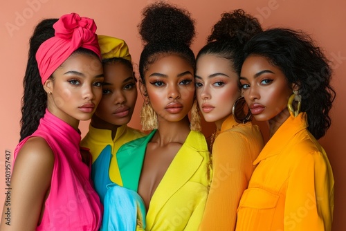 Group of Beautiful black women posing in studio on colored background with colorful fashionable clothes style, Generative AI