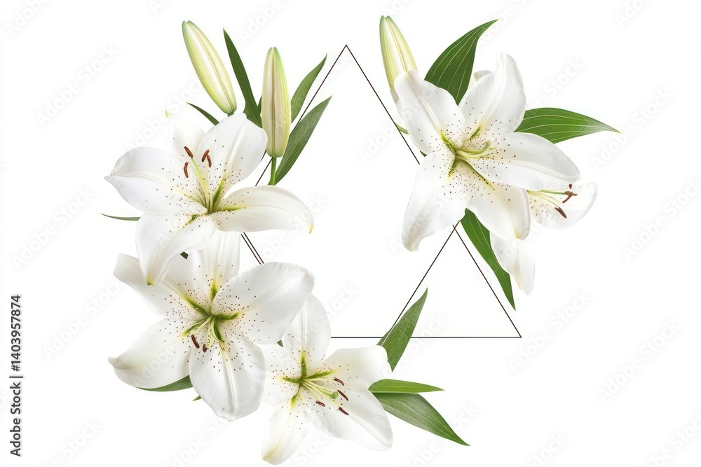 Fototapeta premium a geometric triangle frame with delicate white lilies and subtle gradients, isolated on white background