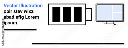 Data server and desktop monitor with application layout connected by cable. Ideal for technology, IT infrastructure, data management, network setup, office workflows, cybersecurity, simple landing