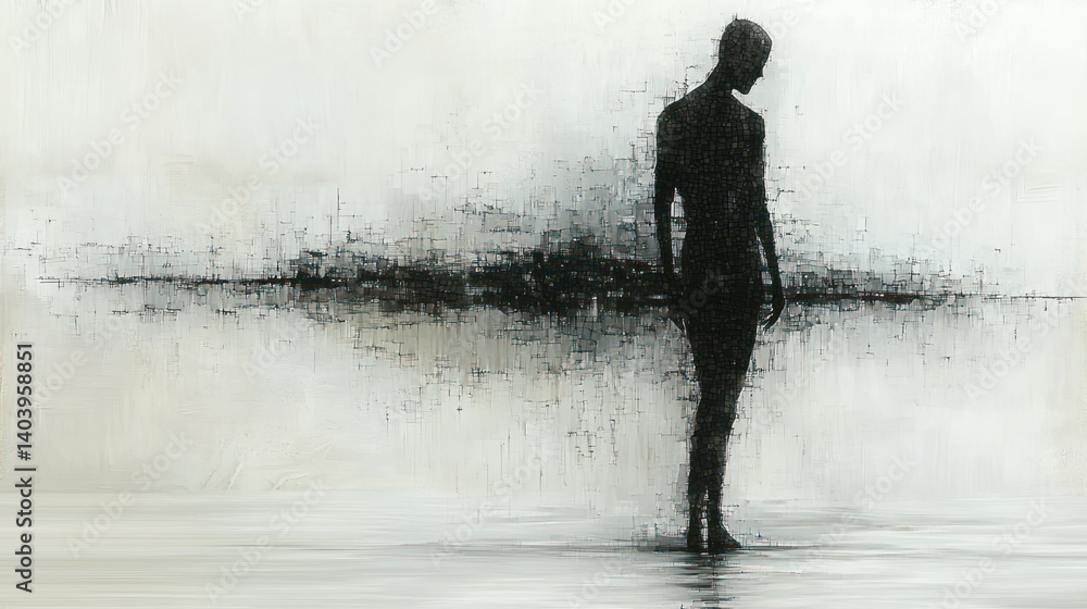 Fototapeta premium Solitude: A Figure in Monochrome Landscape