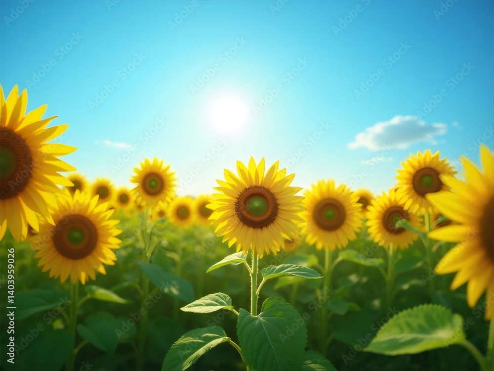 Vibrant Field Of Sunflowers Under A Bright Blue Sky With Warm Sunlight During Summertime Vibrant Field Of Sunflowers Under A Bright Blue Sky With Warm Sunlight During Summertime
