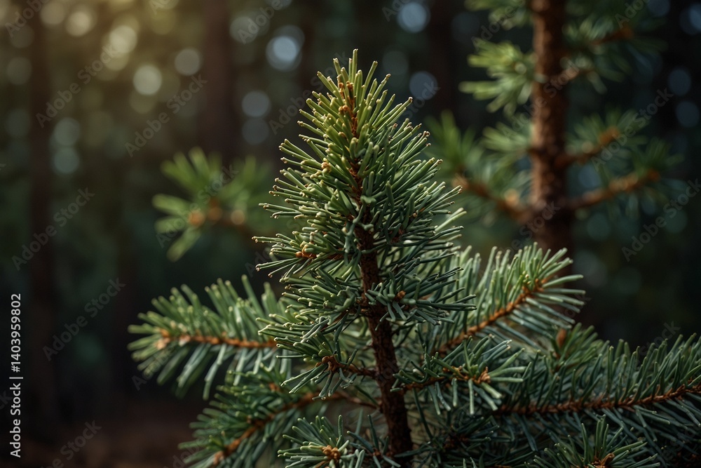 Young pine tree in sunlight against blurred forest background Young pine tree in sunlight against blurred forest background