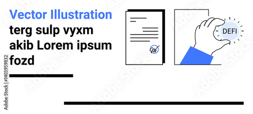 Hand holding DEFI element beside documents emphasizing financial documentation, blockchain, fintech, and decentralization. Ideal for fintech, decentralized finance, blockchain, investment