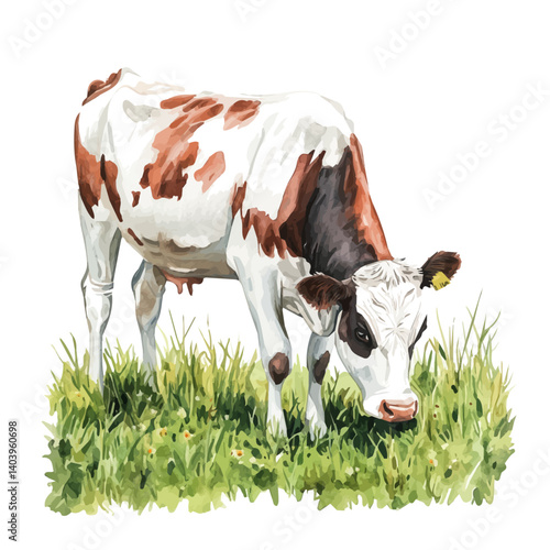 watercolor of Cow Grazing In A Meadow, vector, isolated on a white background.