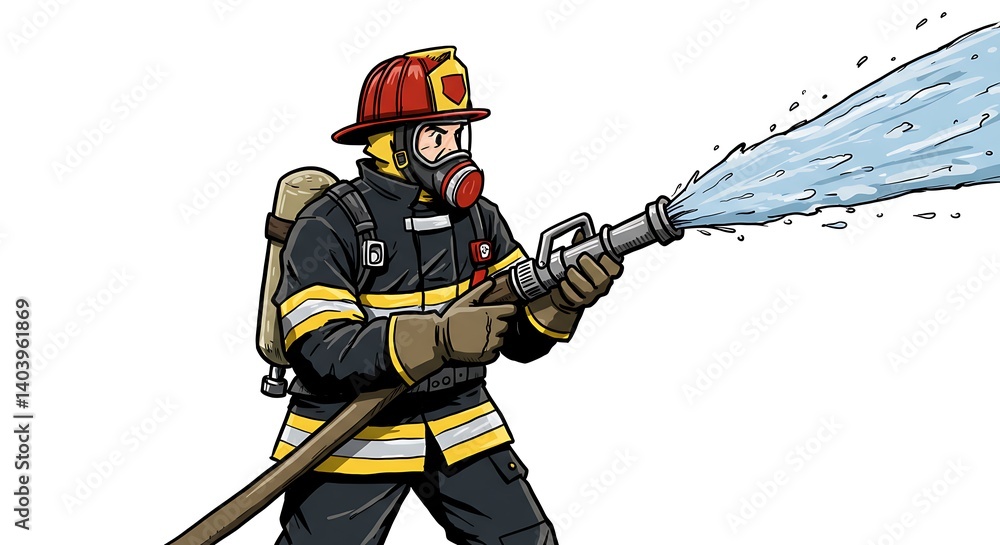 Naklejka premium Illustrated firefighter in safety gear spraying water, facing towards danger