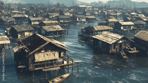 Waterlogged village of ramshackle huts