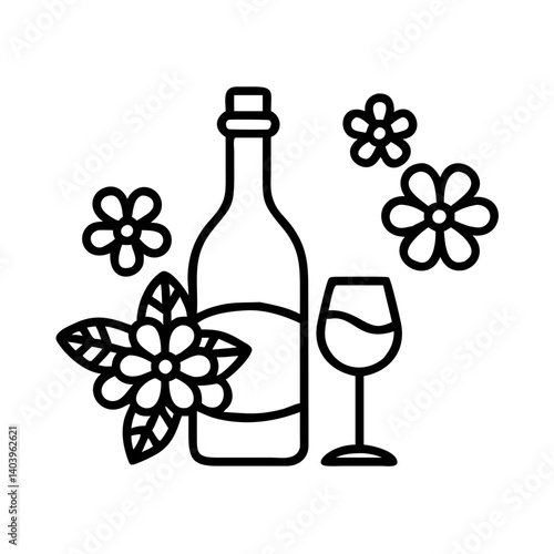 Elegant wine bottle and glass with floral accents line art for celebration and decoration use