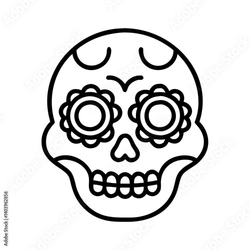 Sugar skull day of the dead vector illustration with floral eyes and teeth outline drawing