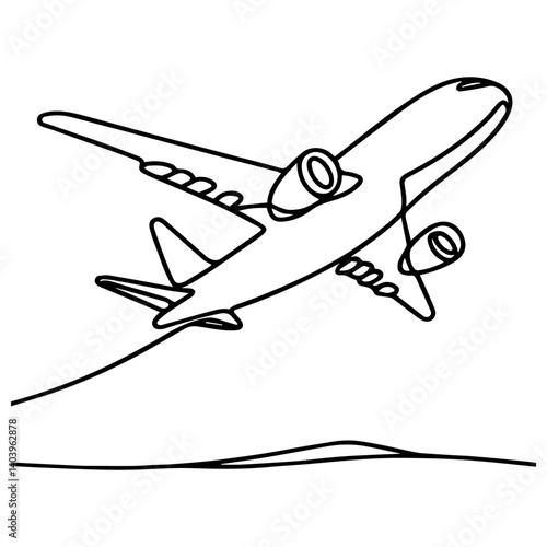 Airplane taking off in a minimalist line art style  