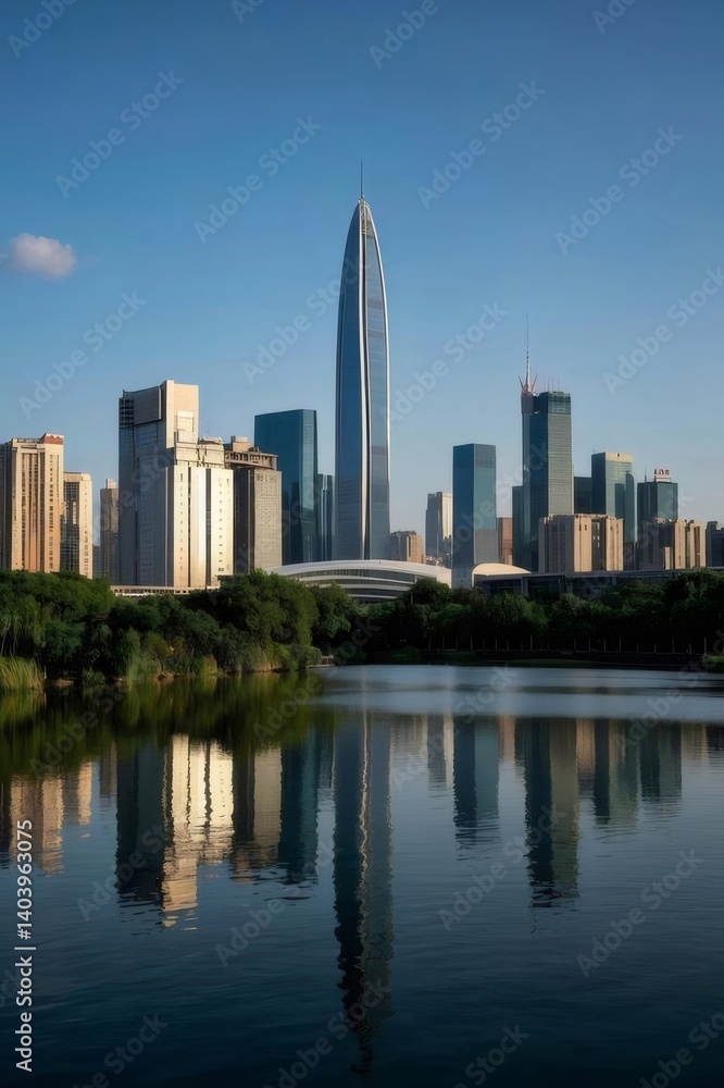 Modern City Skyline Reflected in Calm Lake Water with Blue Sky and Clear Reflection on Sunny Day Modern City Skyline Reflected in Calm Lake Water with Blue Sky and Clear Reflection on Sunny Day