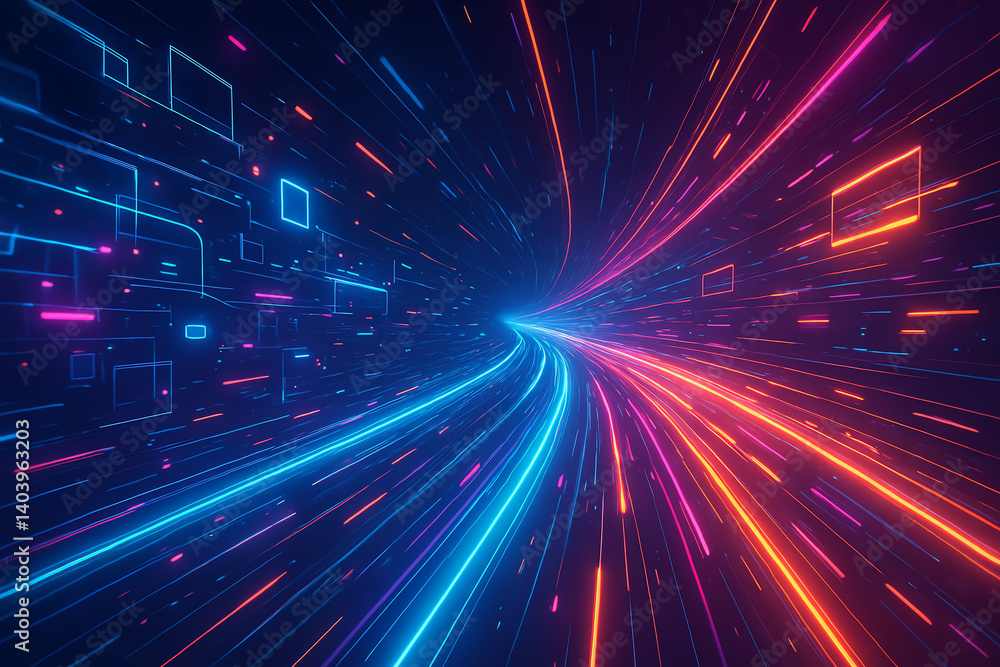 Dynamic neon lines create a digital vortex. Dynamic neon lines create a digital vortex.