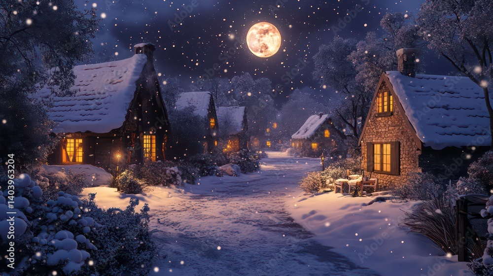 Fototapeta premium Snow-covered village street at night under a full moon, warm light from windows.