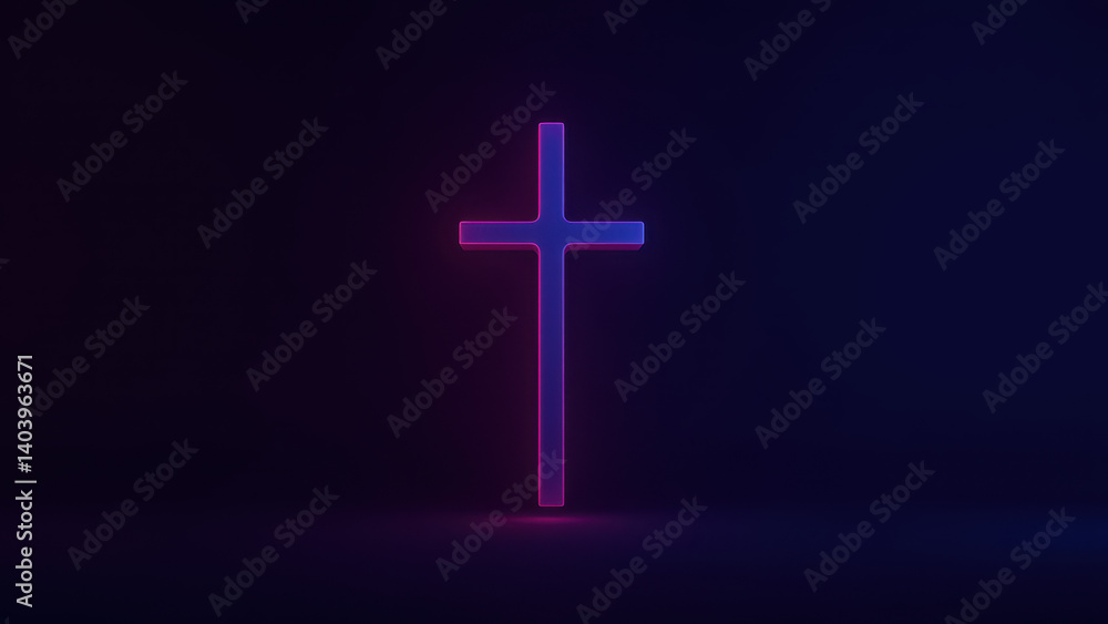 Fototapeta premium A digital cross glowing with neon light against a dark background.