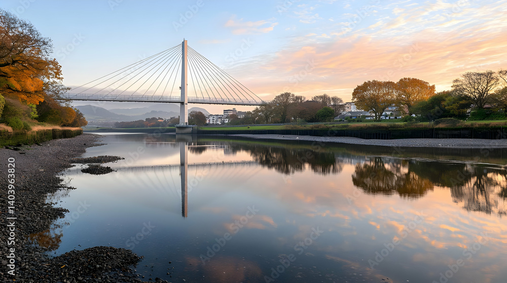 Naklejka premium Bridge Over Calm River At Sunrise