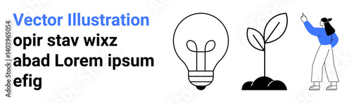 Woman using smartphone, lightbulb symbolizing ideas, young plant representing growth. Ideal for innovation, sustainability, creativity, technology, education, startups and a simple landing page