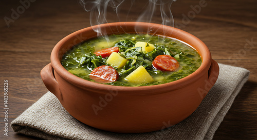 Iconic Caldo Verde with Chouriço in a Rustic Clay Bowl