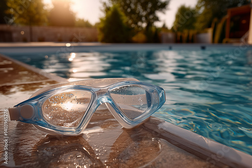 Blue swimming goggles on the edge of a swimming pool. Swimming mask in the evening in the rays of the evening sun against the background of a street pool. copy space