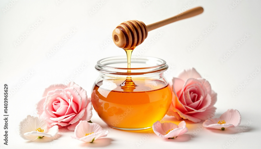 Rose Honey Jar with Honey Dipstick Against Floral Background