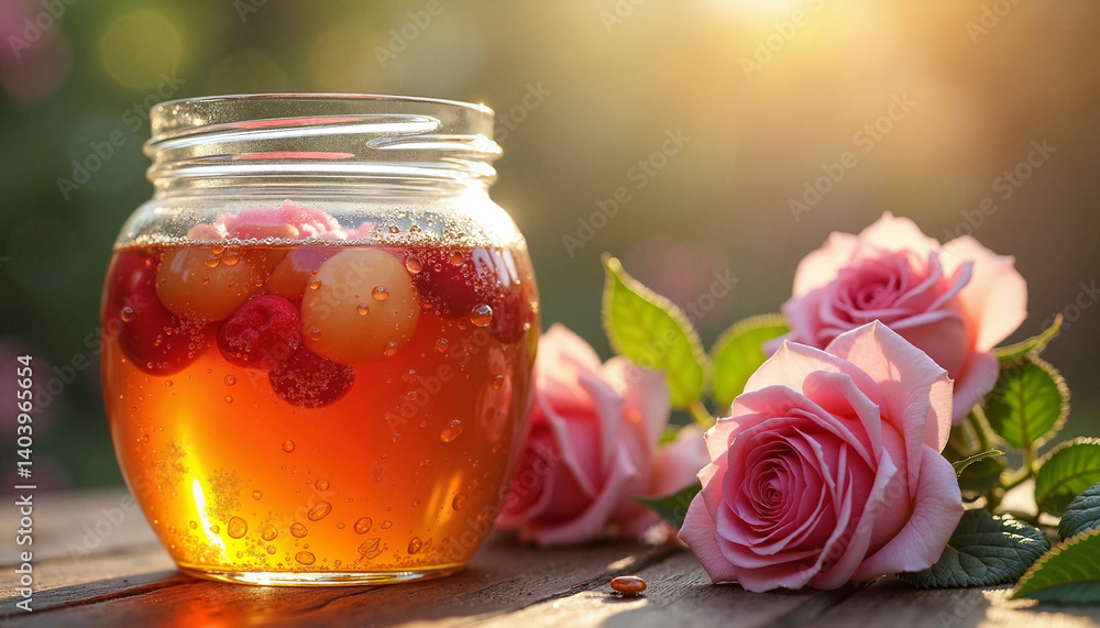 Rose Honey Jar with Raspberries and Roses Against a Warm Background