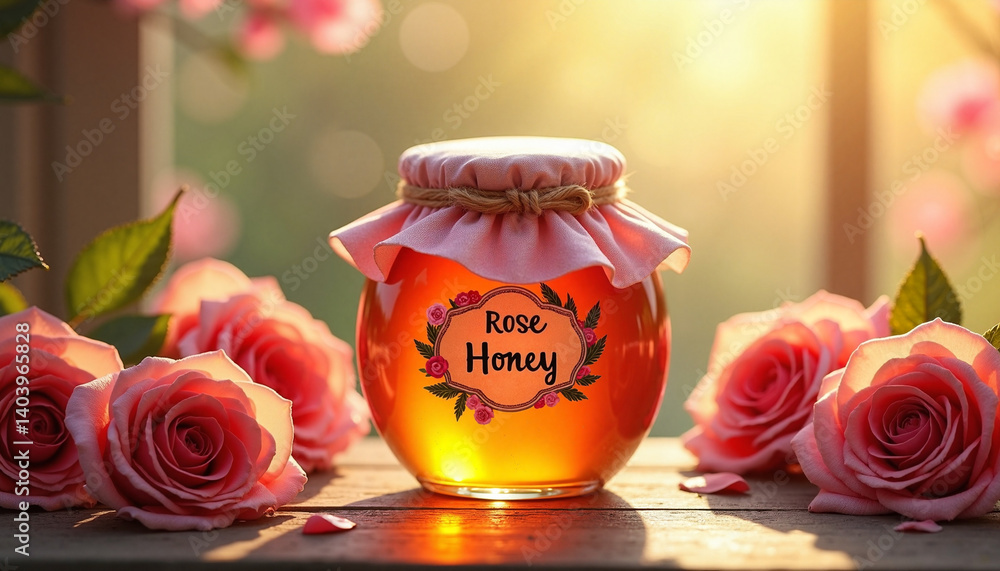 Rose Honey jar surrounded by pink roses in soft sunlight