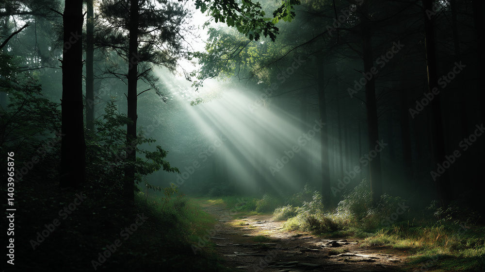 Fototapeta premium Mythological forest background with mist and light, divine ambiance