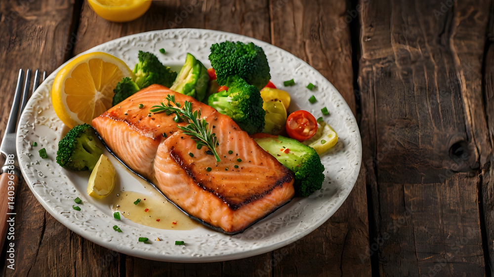 Fried salmon steak with vegetables on wooden table Fried salmon steak with vegetables on wooden table