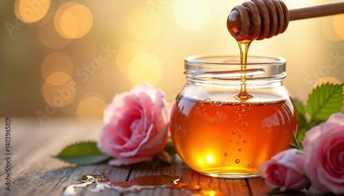 Rose Honey Dripping into Jar with Roses in Soft Light  