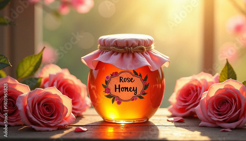 Obraz na płótnie Rose Honey jar surrounded by pink roses in soft sunlight w salonie