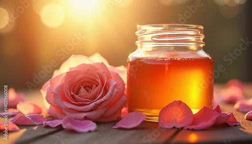Rose Honey in a Jar with Pink Petals Against a Sunset Background  