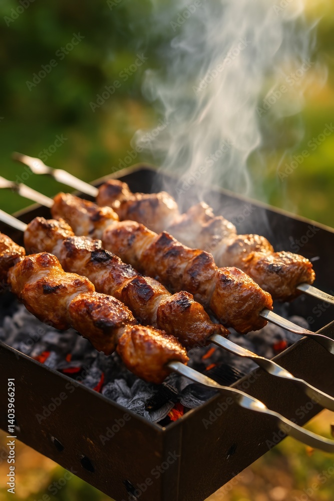 A richly detailed food photograph featuring pork and lamb shashlik skewers grilling over hot charcoal. The meat is golden and slightly crisp, with visible grill marks and rising smoke. A richly detailed food photograph featuring pork and lamb shashlik skewers grilling over hot charcoal. The meat is golden and slightly crisp, with visible grill marks and rising smoke.