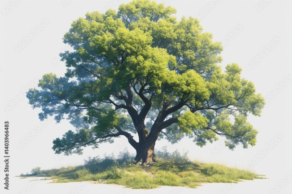 Fototapeta premium Solitary leafy tree on a gentle grassy mound against a neutral background