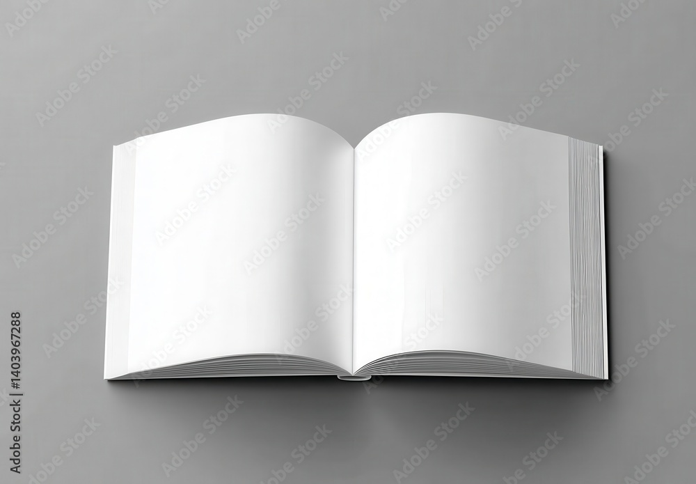 3D rendering of an open blank book with white pages on a gray ba ,Mockup 3D rendering of an open blank book with white pages on a gray ba ,Mockup