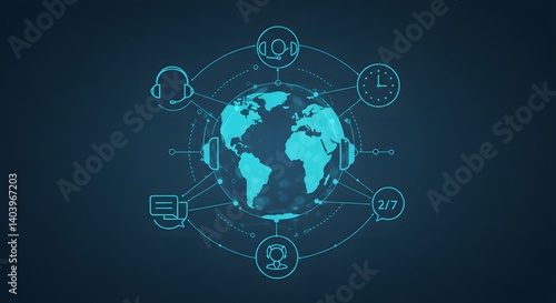 Technical support and customer service concept. Digital icon representing technical support, customer service, and 24 by 7 assistance. Business technology solutions for global support, service manage