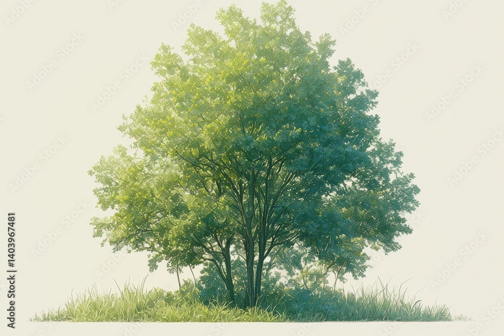 Fototapeta premium Solitary tree boasts lush green leaves against a bright, neutral backdrop