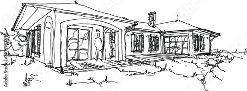 hand drawn architectural sketch of beautiful classic detached village house with garden  and trees