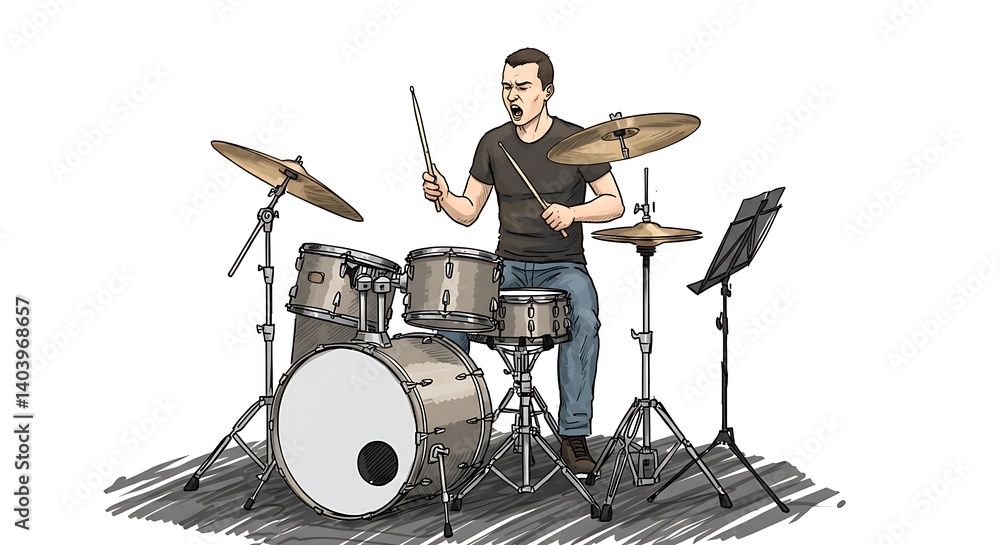 Fototapeta premium Passionate drummer energetically performs on his kit with intensity and precision