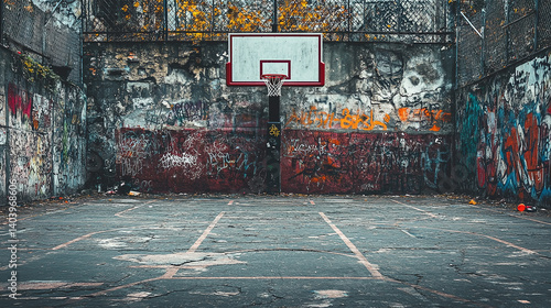 An urban basketball court, showing the weathered and cracked surface surrounded by graffiti-covered walls and fences in a gritty city landscape, evokes a sense of forgotten youth
