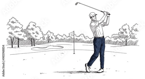 Captivating golf scene: Man in motion swinging his golf club with scenic backdrop