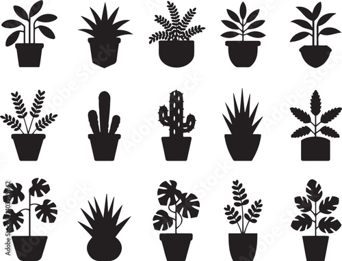 Collection of Black and White Houseplant Silhouettes in Pots