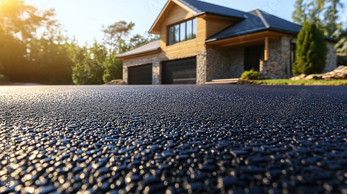 Fresh blacktop asphalt road surface at driveway entrance to house. Repair work. Private drive way, slurry seal projec