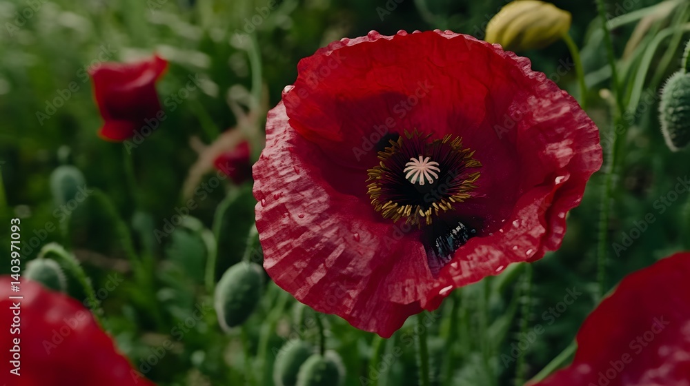 Vibrant Red Poppy Flower Closeup in Field Vibrant Red Poppy Flower Closeup in Field