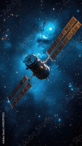 Space station with solar panels orbits amongst a colorful nebula in a starry sky