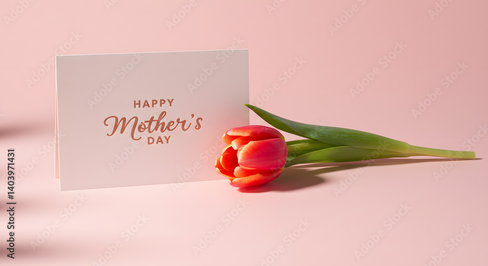 Fototapeta premium Minimal Mother’s Day Card with Tulip on Pastel Background