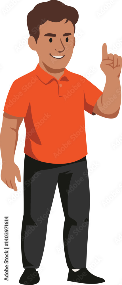 Smiling man choosing direction flat illustration in orange polo shirt pointing upward. Smiling man choosing direction flat illustration in orange polo shirt pointing upward.