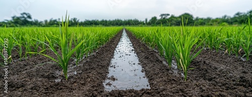 Lush green rice paddy field with water irrigation.